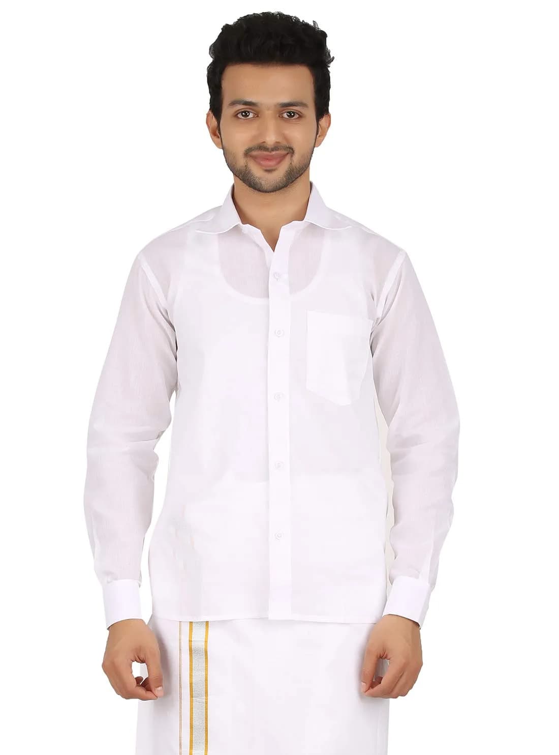 PRAKASAM COTTON Men's White Long Sleeve Classic Collar Shirt 44 | Regular Fit Cotton Blend - main product image