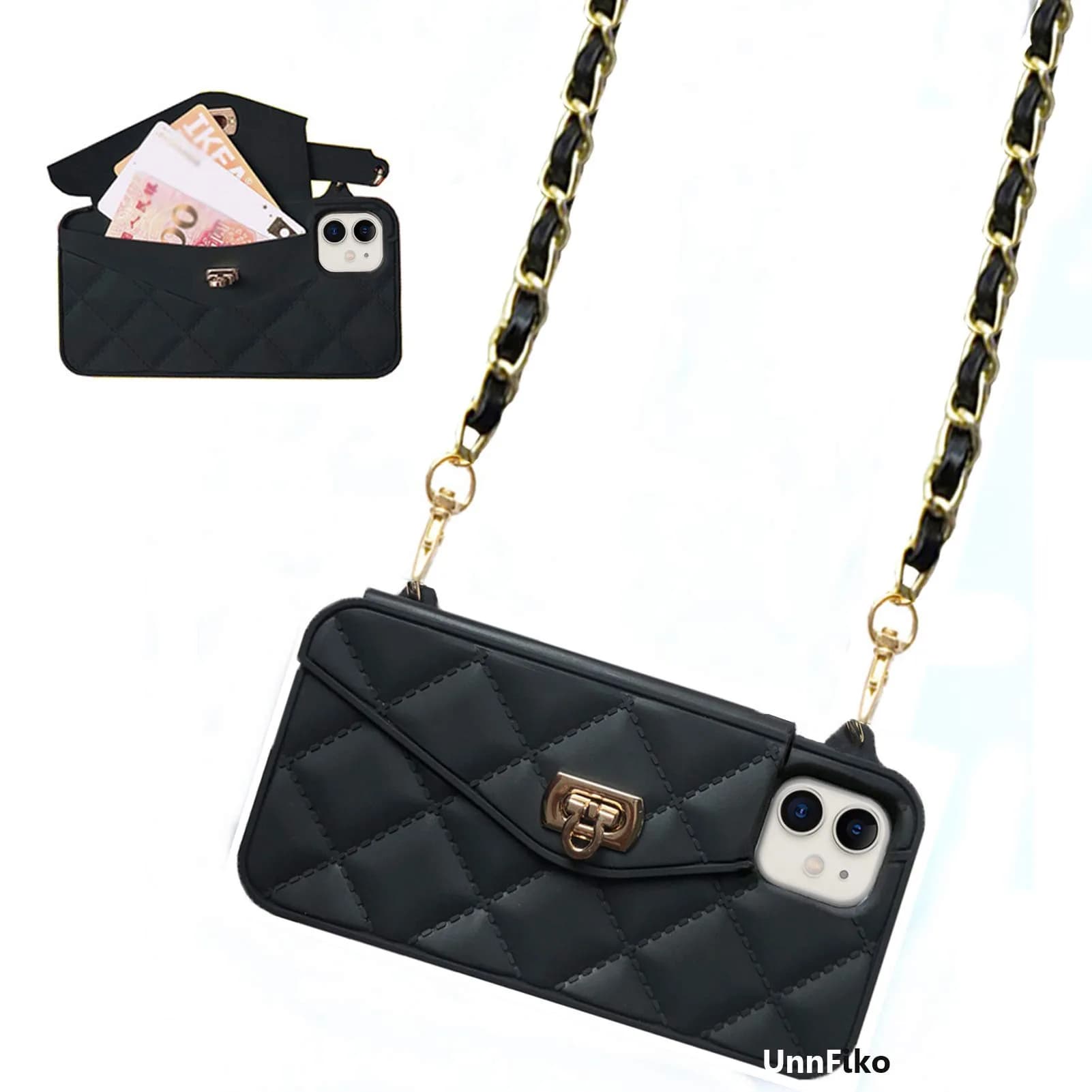 UnnFiko Black Wallet Case for iPhone 11 (6.1-inch) | Cute Shoulder Bag Design with Card Slots & Strap