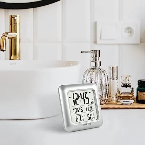 KADAMS 9.5" Bathroom Clock with Large LCD Screen & Temperature/Humidity Display | Water-Resistant, 4 Mounting Options, Silver thumbnail 6
