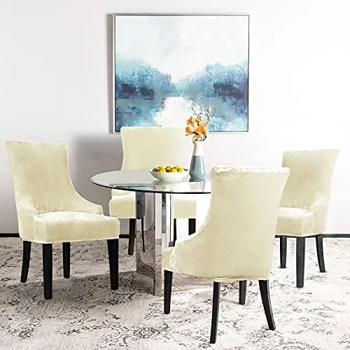 Lellen Velvet Stretch Wingback Chair Cover Slipcover - Cream, 1PC | Fits Dining & Living Room Chairs thumbnail 2