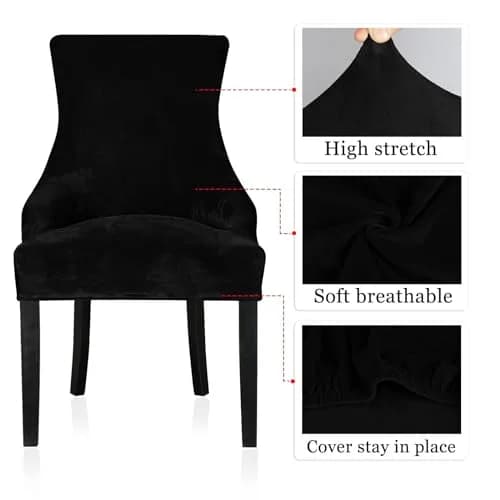 Lellen Velvet Stretch Wingback Chair Cover Slipcover 1PC Black | Fits Dining & Living Room Chairs thumbnail 4