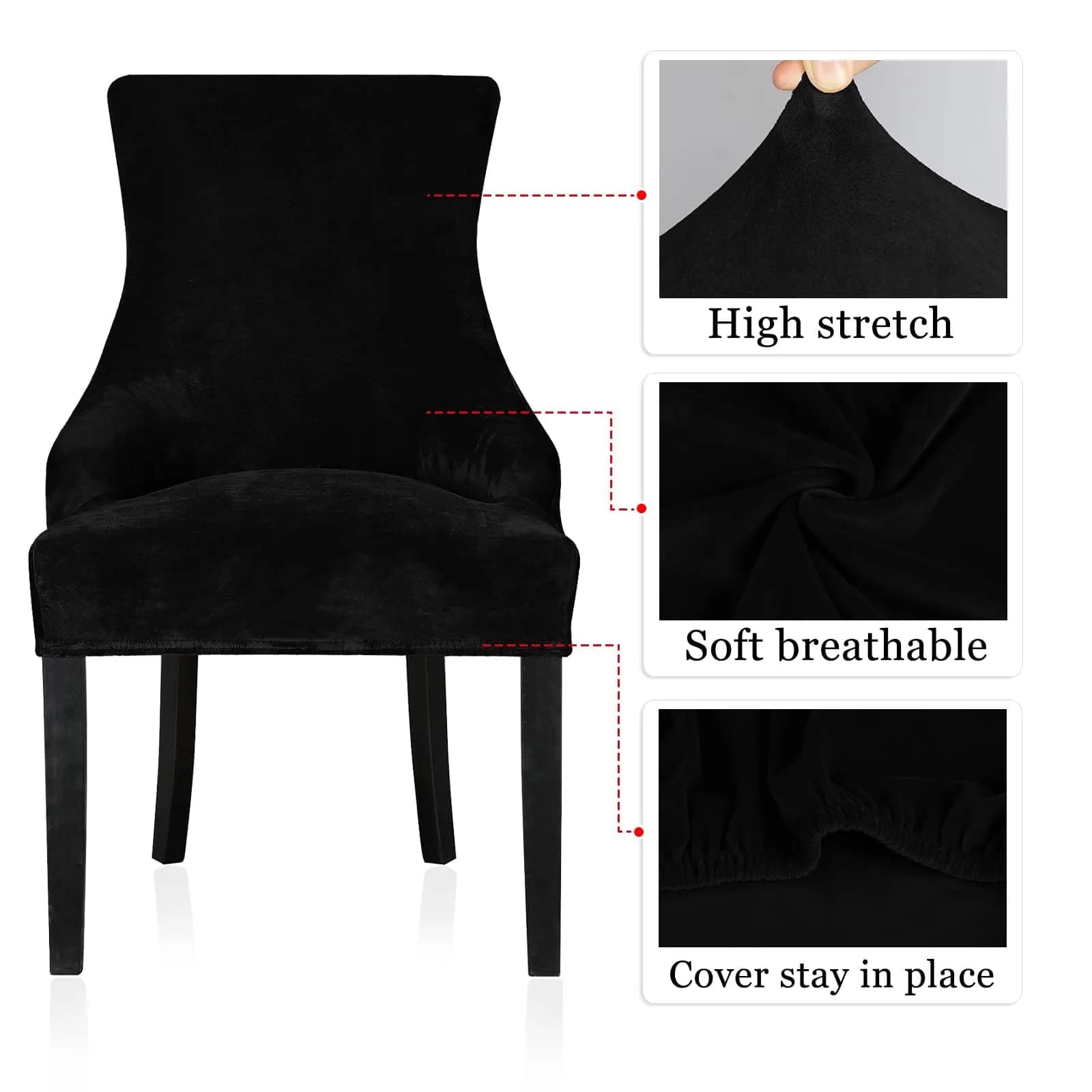 Lellen Velvet Stretch Wingback Chair Cover Slipcover 1PC Black | Fits Dining & Living Room Chairs - view 4