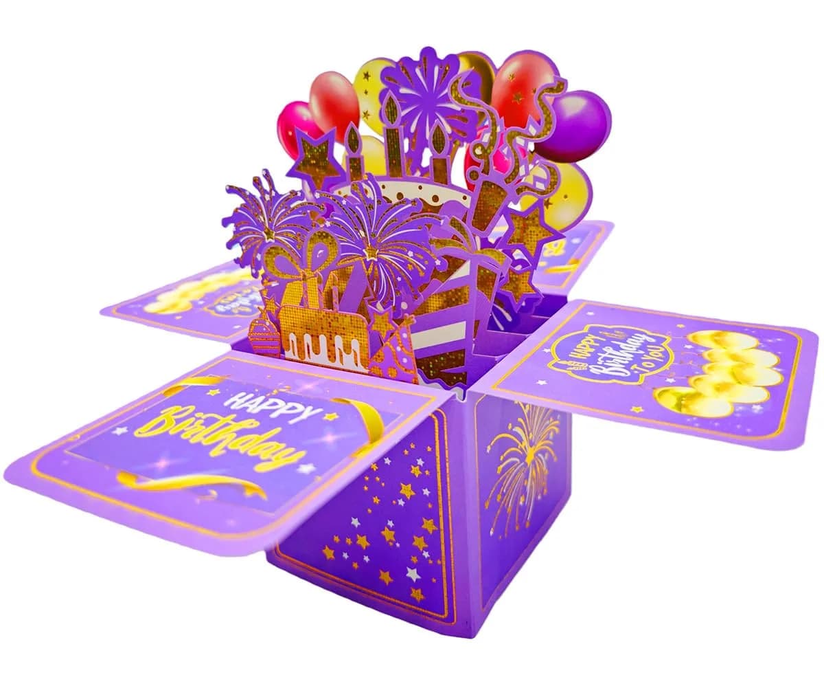 Akeydeco Purple Fireworks 3D Pop Up Birthday Card with LED Light & Music - main product image