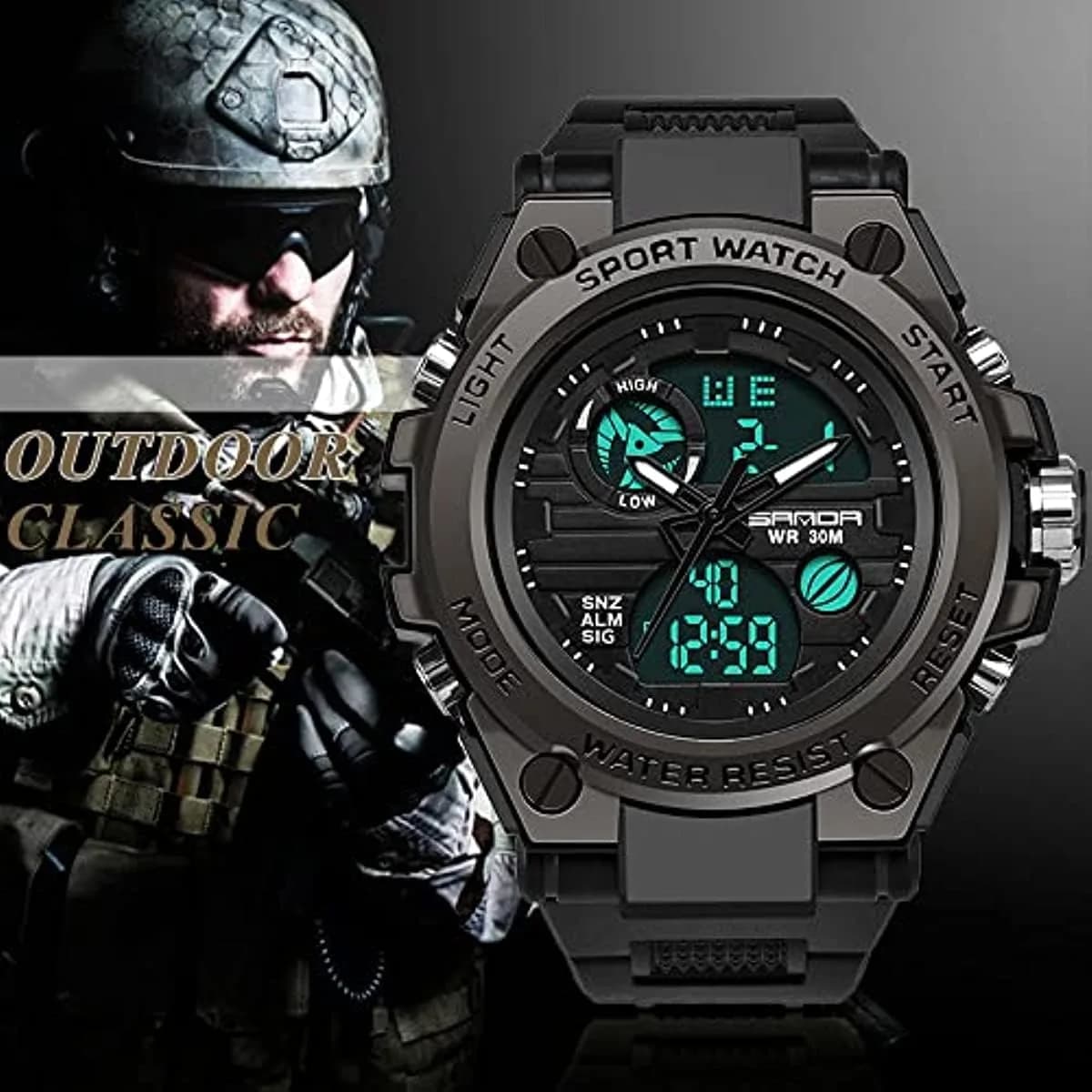 AIMES Men's All Black Sport Watch 53mm Dual Time Zone Military LED Alarm Stopwatch - view 2