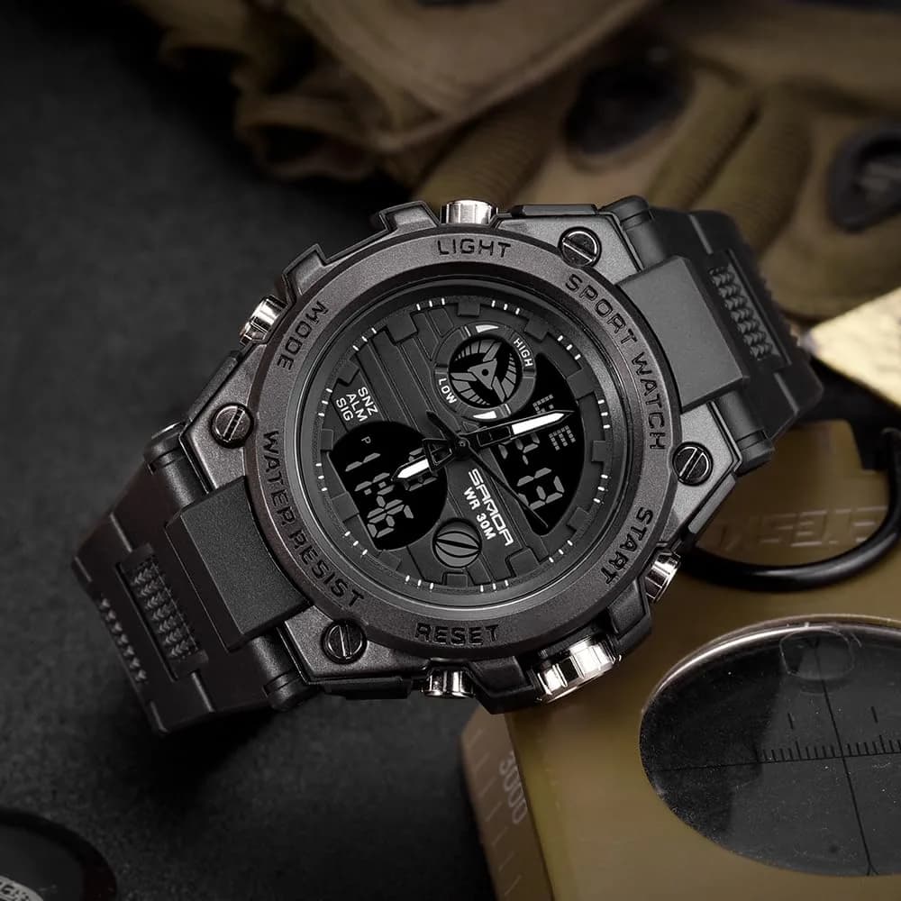 AIMES Men's All Black Sport Watch 53mm Dual Time Zone Military LED Alarm Stopwatch - view 4