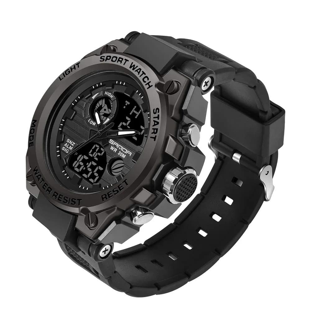 AIMES Men's Sport Watch 53mm (2.1 inch) | Dual Time Zone Military Watch with LED Alarm & Stopwatch — All Black
