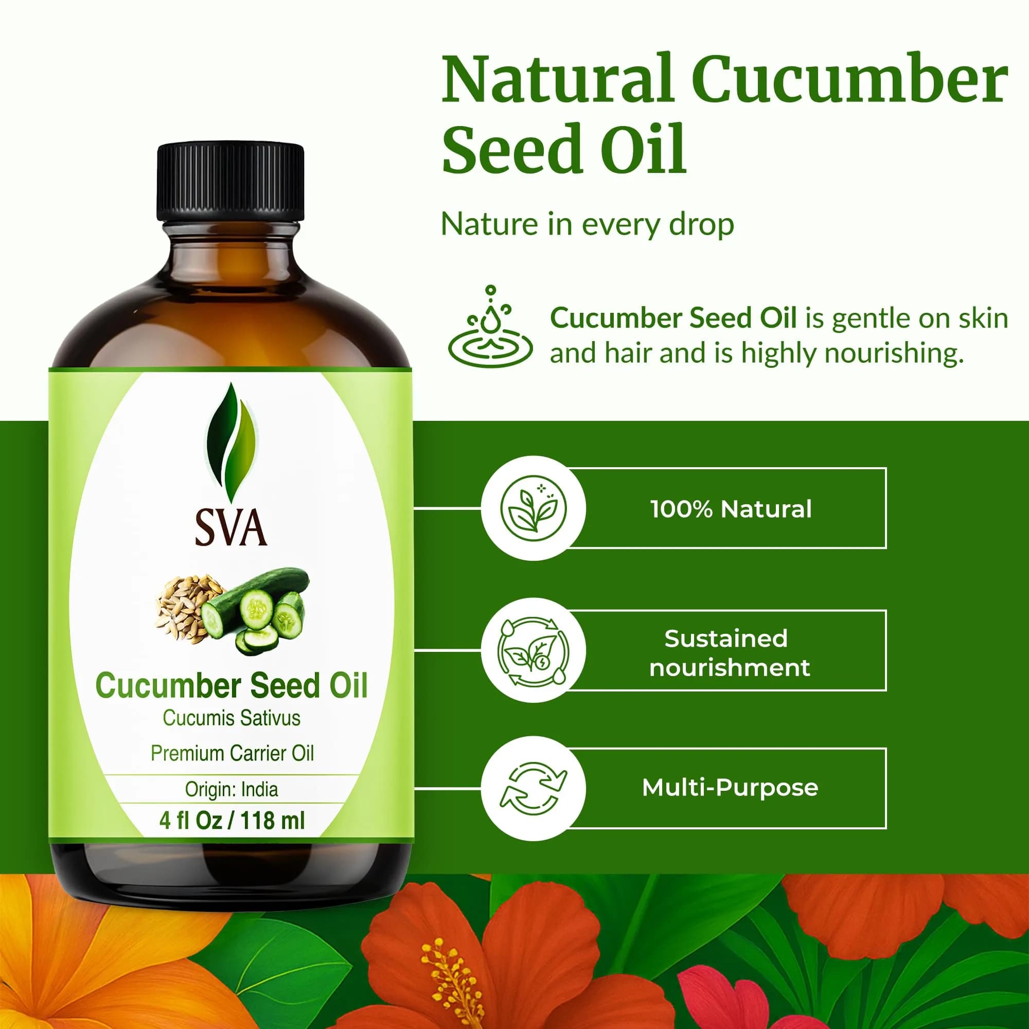 SVA ORGANICS Cucumber Seed Carrier Oil 118 ml (4 Fl Oz) | Pure, Cold-Pressed, Natural Moisturizer for Skin & Hair - view 2