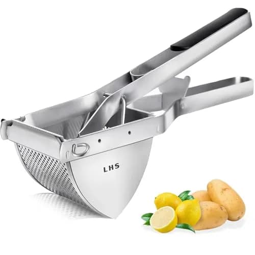 LHS Stainless Steel Potato Ricer and Masher, Heavy Duty Commercial Food Masher, Ergonomic Comfort Grip, Extra Large Capacity, Dishwasher Safe (Black) | 0.6 kg (1.32 lb) thumbnail 1