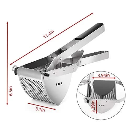 LHS Stainless Steel Potato Ricer and Masher, Heavy Duty Commercial Food Masher, Ergonomic Comfort Grip, Extra Large Capacity, Dishwasher Safe (Black) | 0.6 kg (1.32 lb) thumbnail 7