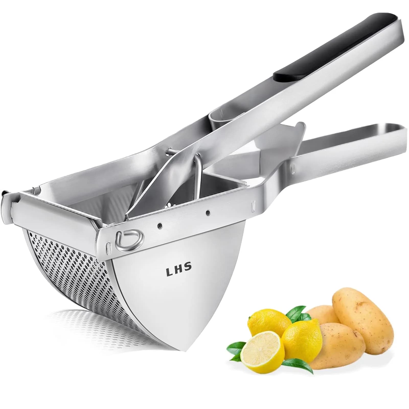 LHS Stainless Steel Potato Ricer and Masher, Heavy Duty Commercial Food Masher, Ergonomic Comfort Grip, Extra Large Capacity, Dishwasher Safe (Black) | 0.6 kg (1.32 lb)