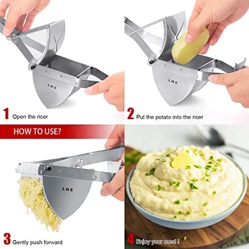 LHS Stainless Steel Potato Ricer and Masher, Heavy Duty Commercial Food Masher, Ergonomic Comfort Grip, Extra Large Capacity, Dishwasher Safe (Black) | 0.6 kg (1.32 lb) thumbnail 8