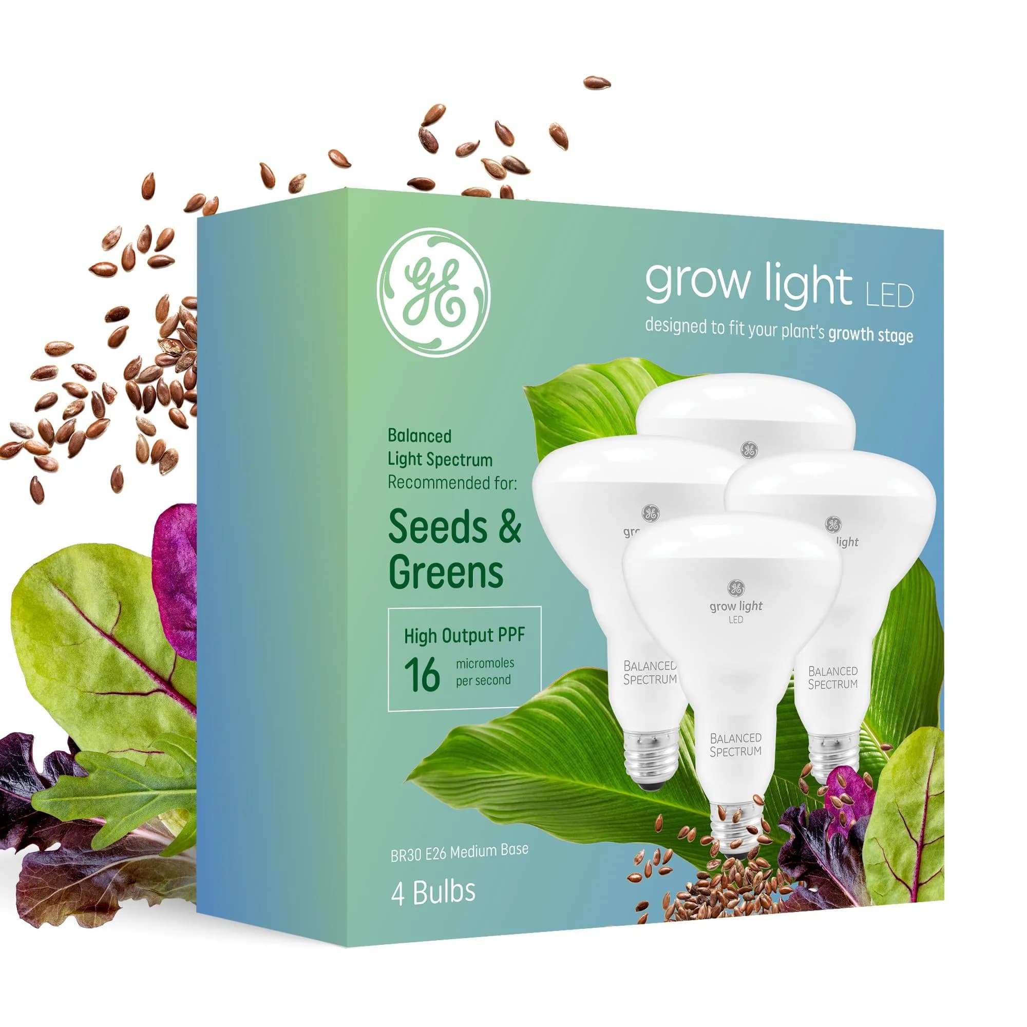 GE Grow Lights for Indoor Plants BR30 LED Bulb 4 Pack | Balanced Spectrum for Seeds & Greens - main product image
