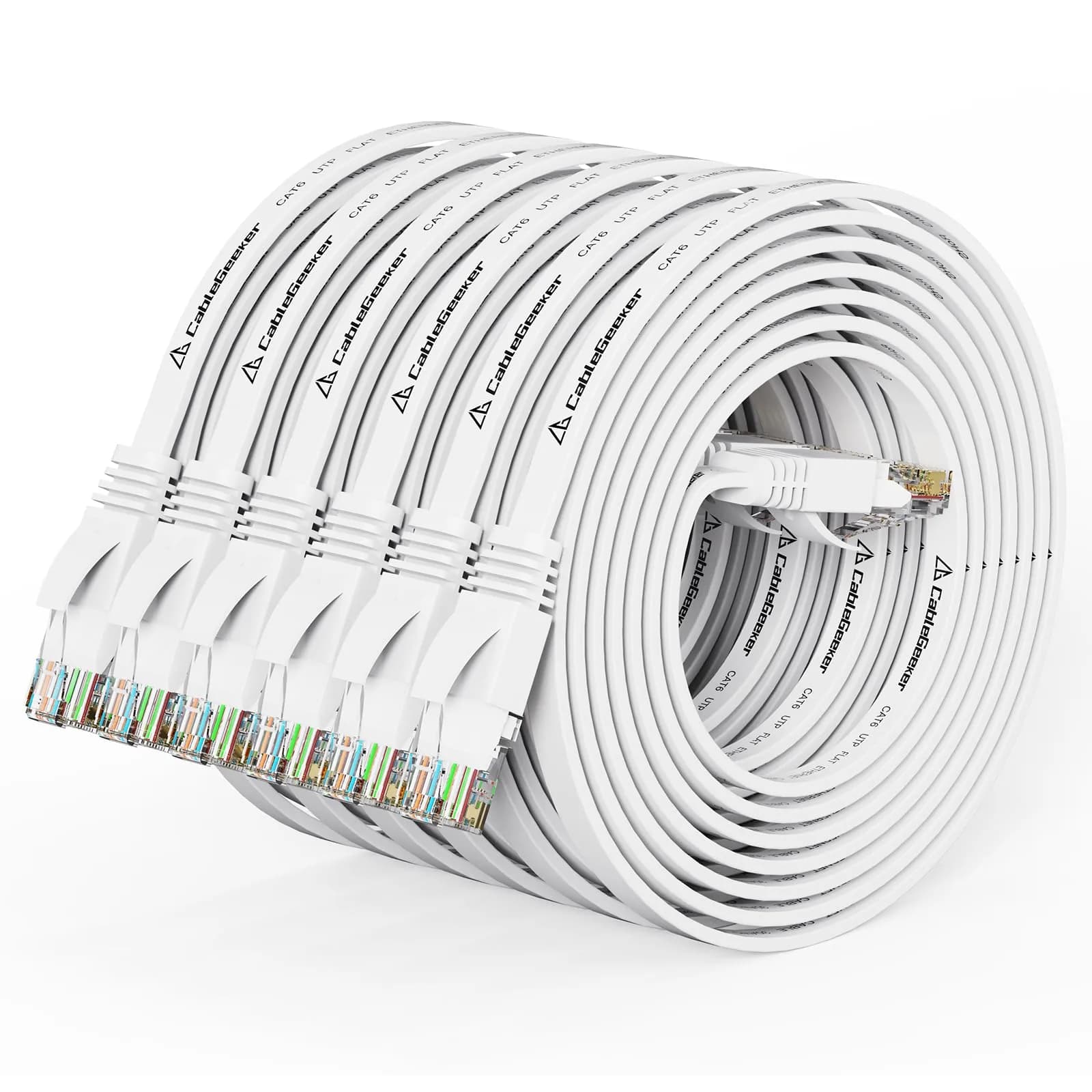 CableGeeker Cat 6 Flat Ethernet Cable 5ft 6 Pack, White - High-Speed Network Connectivity - main product image