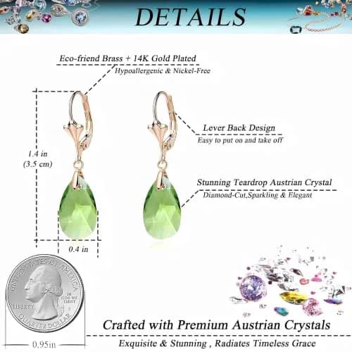 EVEVIC Austrian Crystal Teardrop Leverback Drop Earrings for Women | Hypoallergenic 14K Gold Plated Jewelry thumbnail 4