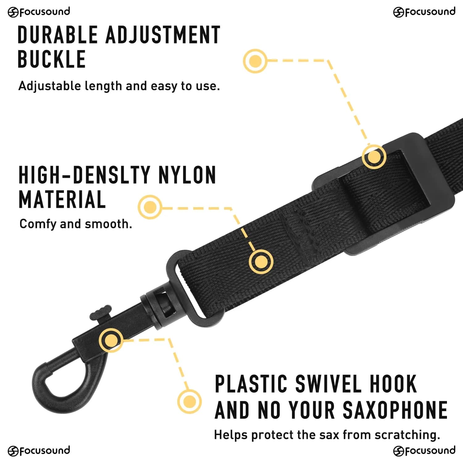 Focusound Upgraded Length Tenor Saxophone Neck Strap Soft Sax Leather Strap Padded for Alto and Tenor Saxophone | Adjustable 43.2cm–58cm - view 4