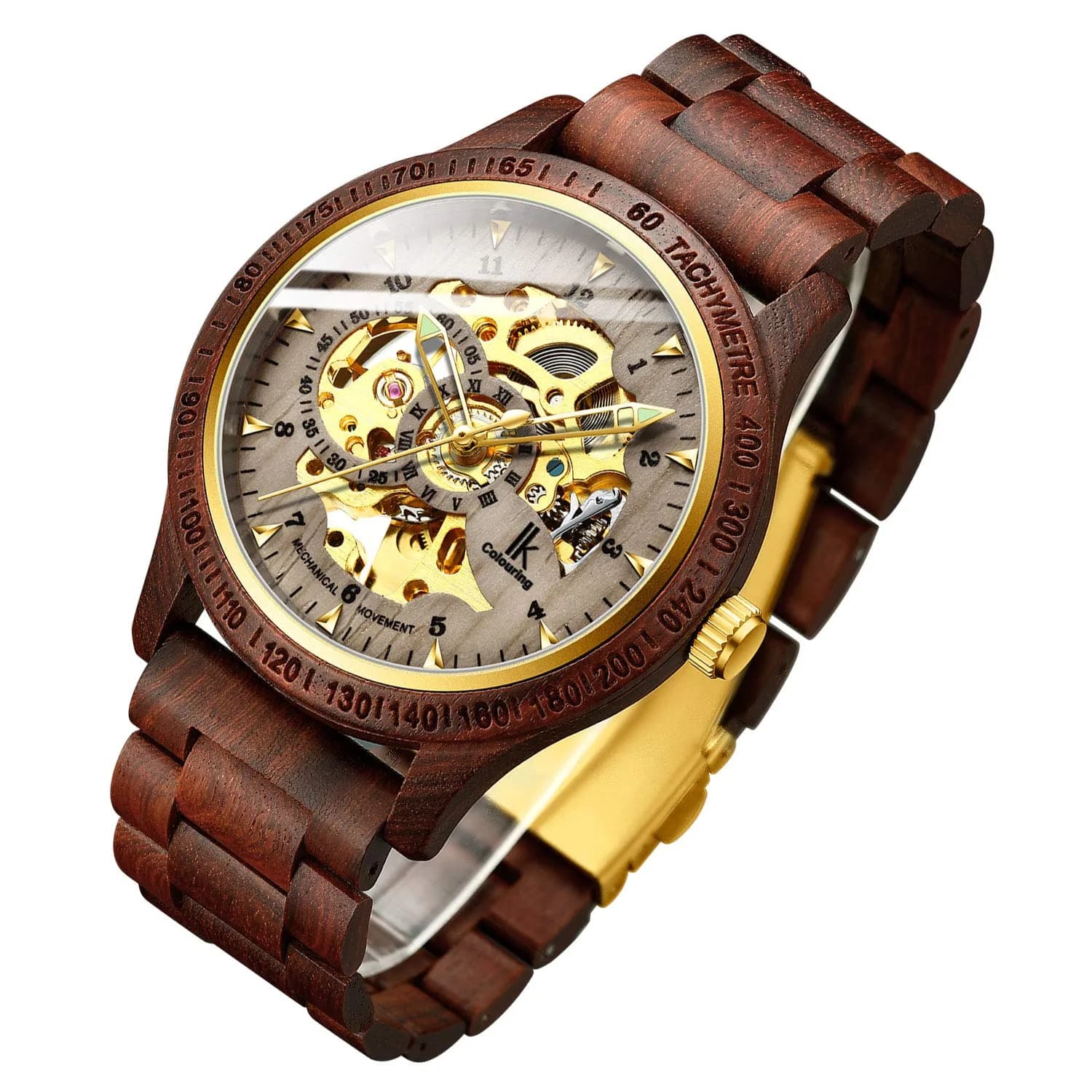 IK COLOURING Men's Luxury Mechanical Wooden Watch with Skeleton Dial, Luminous Hands, Brown (44mm Case) - main product image