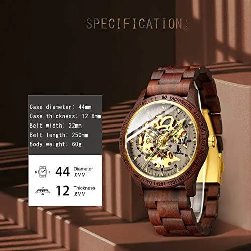IK COLOURING Men's Luxury Mechanical Wooden Watch with Skeleton Dial, Luminous Hands, Brown (44mm Case) thumbnail 4