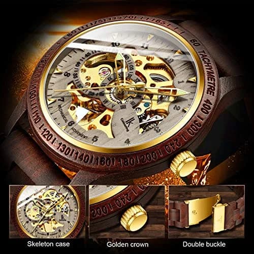 IK COLOURING Men's Luxury Mechanical Wooden Watch with Skeleton Dial, Luminous Hands, Brown (44mm Case) thumbnail 5