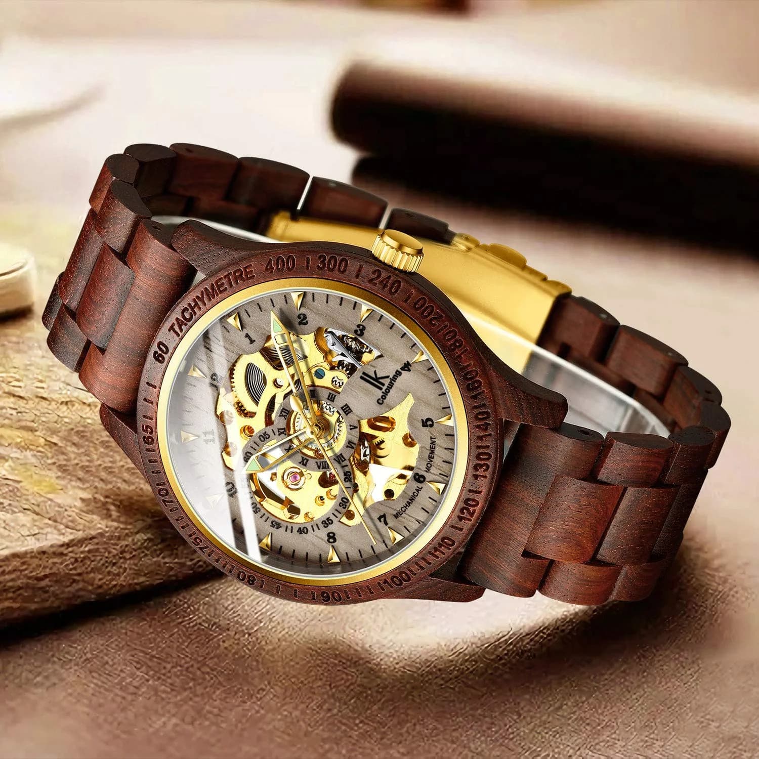 IK COLOURING Men's Luxury Mechanical Wooden Watch with Skeleton Dial, Luminous Hands, Brown (44mm Case) - view 6