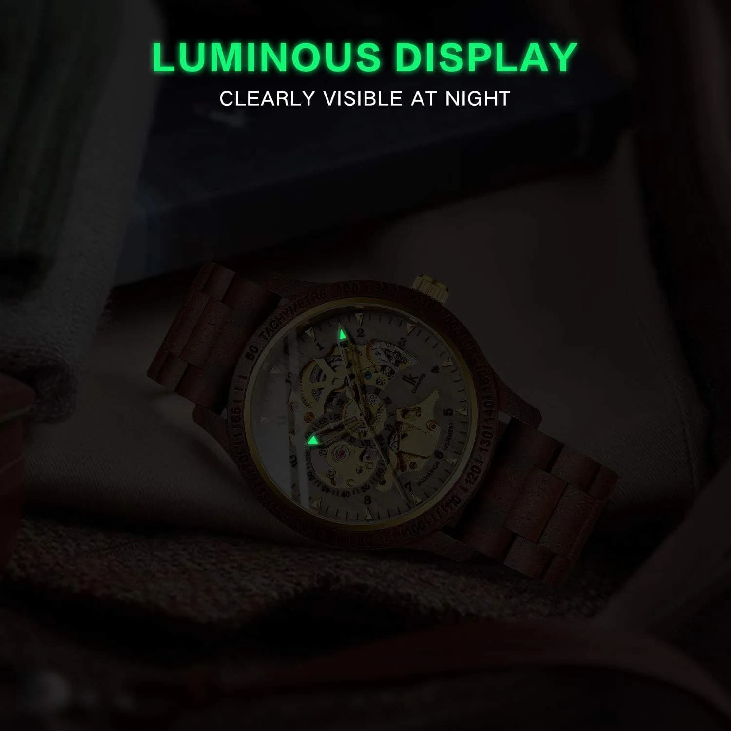 IK COLOURING Men's Luxury Mechanical Wooden Watch with Skeleton Dial, Luminous Hands, Brown (44mm Case) - view 7
