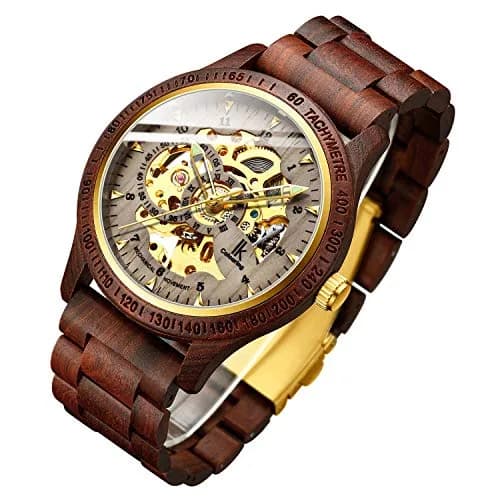 IK COLOURING Men's Luxury Mechanical Wooden Watch with Skeleton Dial, Luminous Hands, Brown (44mm Case) thumbnail 1