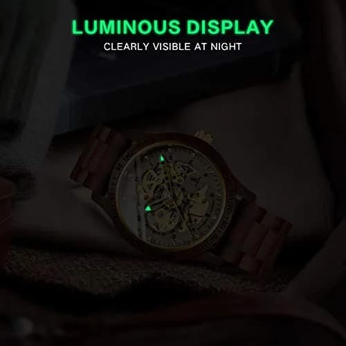 IK COLOURING Men's Luxury Mechanical Wooden Watch with Skeleton Dial, Luminous Hands, Brown (44mm Case) thumbnail 7
