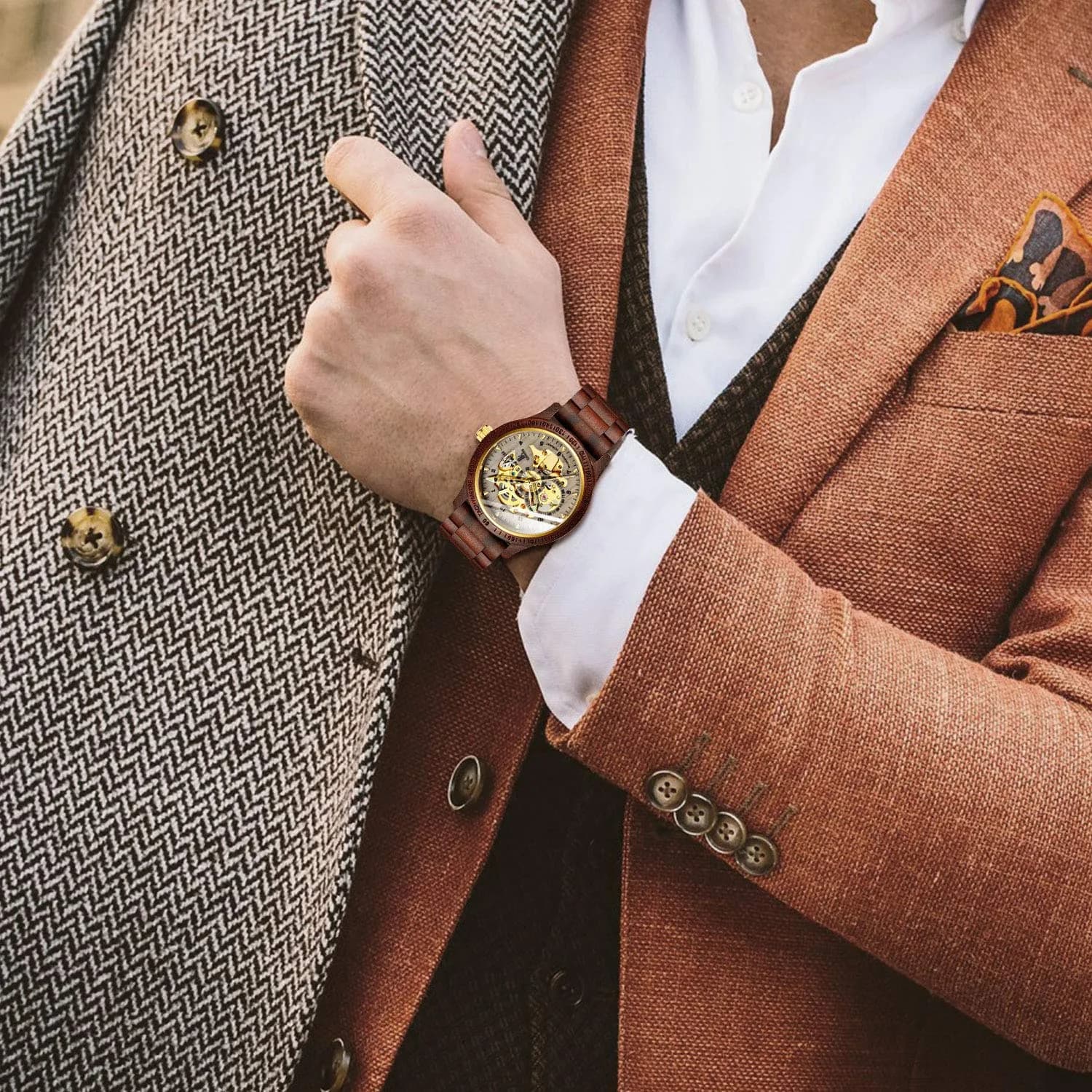 IK COLOURING Men's Luxury Mechanical Wooden Watch with Skeleton Dial, Luminous Hands, Brown (44mm Case) - view 2