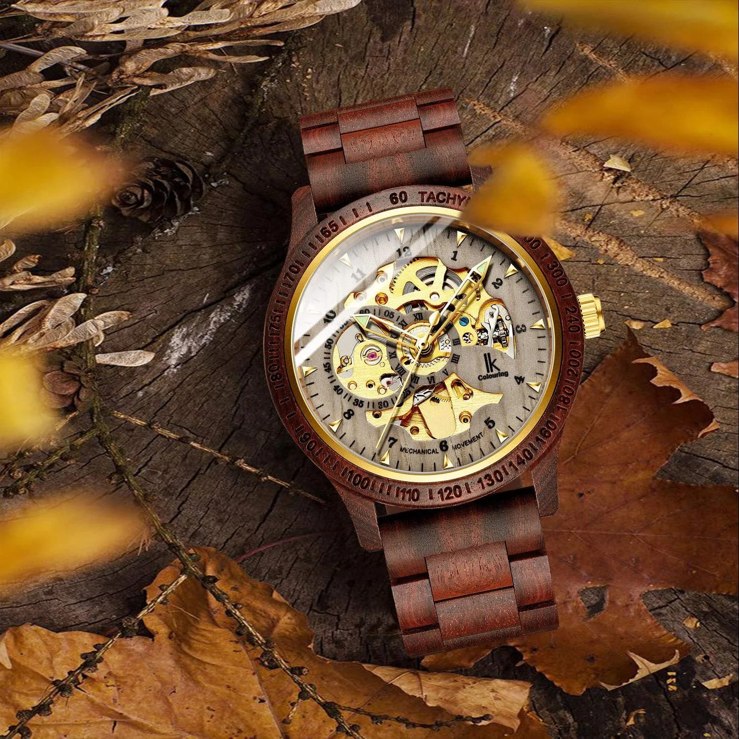 IK COLOURING Men's Luxury Mechanical Wooden Watch with Skeleton Dial, Luminous Hands, Brown (44mm Case) - view 3