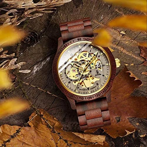 IK COLOURING Men's Luxury Mechanical Wooden Watch with Skeleton Dial, Luminous Hands, Brown (44mm Case) thumbnail 3