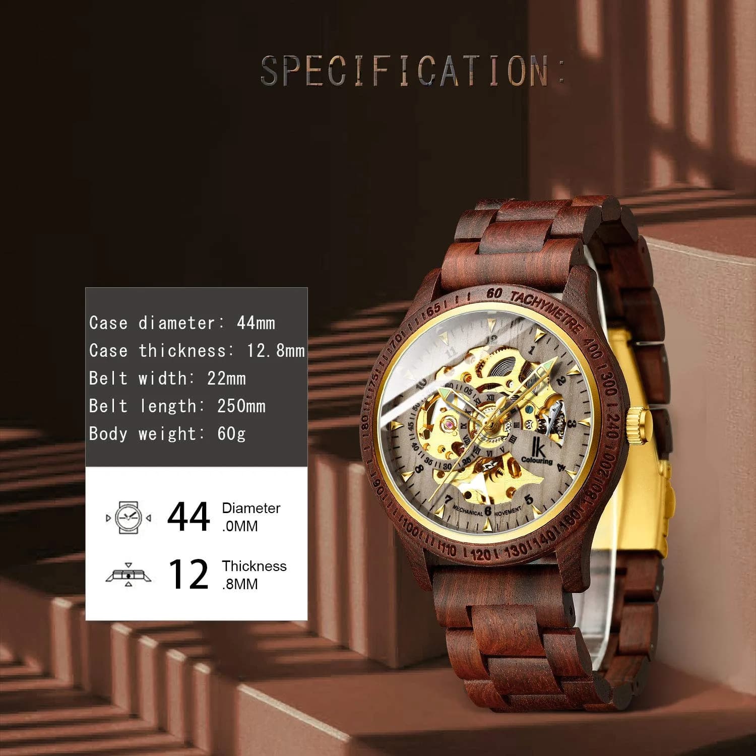 IK COLOURING Men's Luxury Mechanical Wooden Watch with Skeleton Dial, Luminous Hands, Brown (44mm Case) - view 4