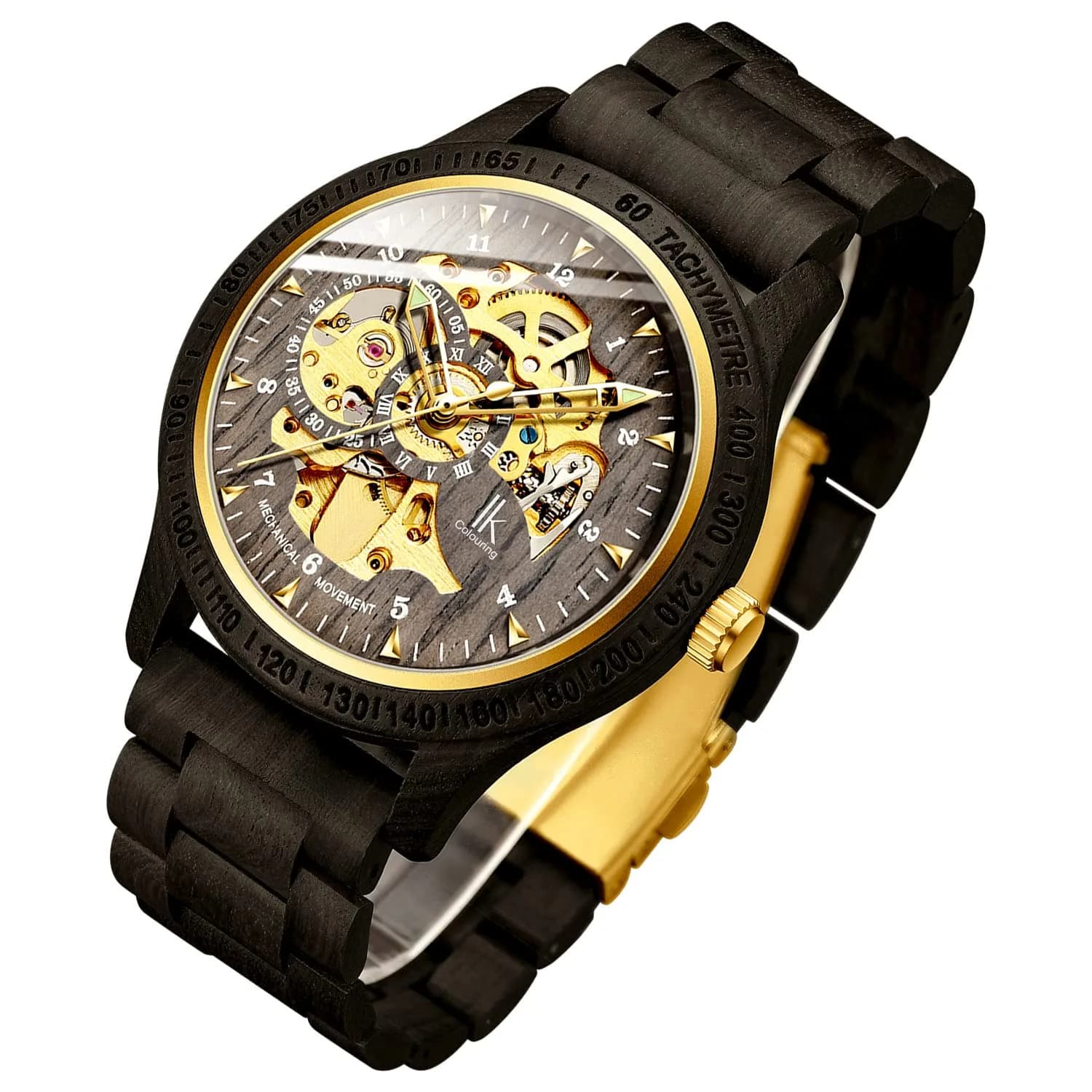 IK COLOURING Men's Luxury Mechanical Wooden Watch | 44mm Case, 22mm Band — black