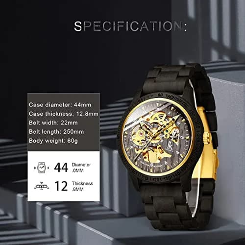 IK COLOURING Men's Luxury Mechanical Wooden Watch | 44mm Case, 22mm Band thumbnail 4