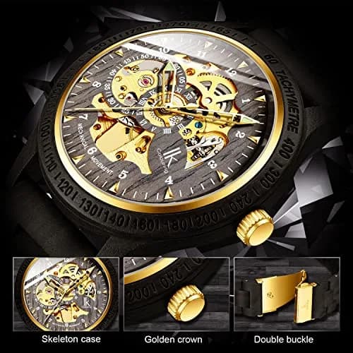 IK COLOURING Men's Luxury Mechanical Wooden Watch | 44mm Case, 22mm Band thumbnail 5