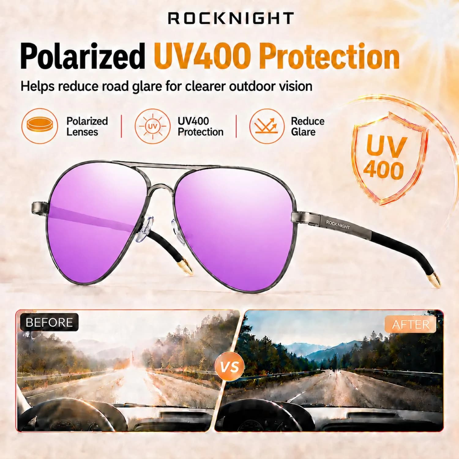 ROCKNIGHT Ruthenium-Pink Polarized Aviator Sunglasses - Medium Metal Frame for Men & Women - view 3