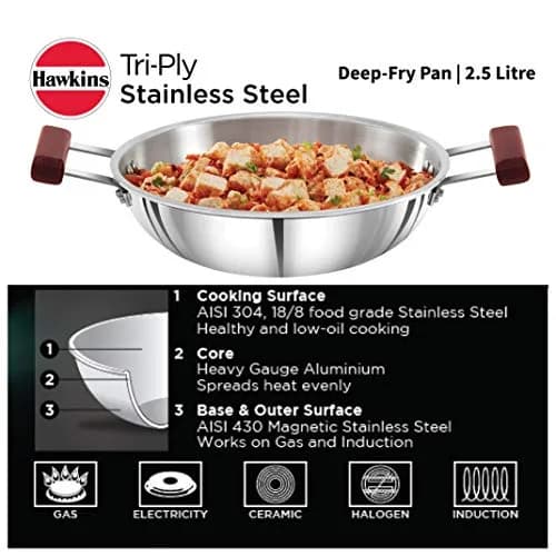 Hawkins Tri-Ply Stainless Steel Deep Fry Pan Kadai 2.5 Litre (9.1 cm Height) | Induction Compatible thumbnail 2