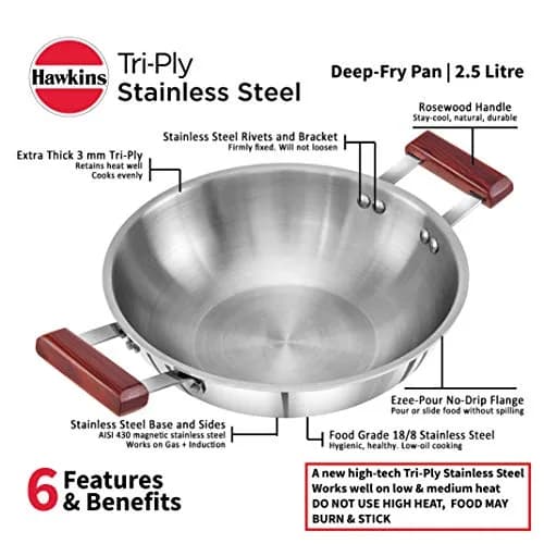 Hawkins Tri-Ply Stainless Steel Deep Fry Pan Kadai 2.5 Litre (9.1 cm Height) | Induction Compatible thumbnail 3