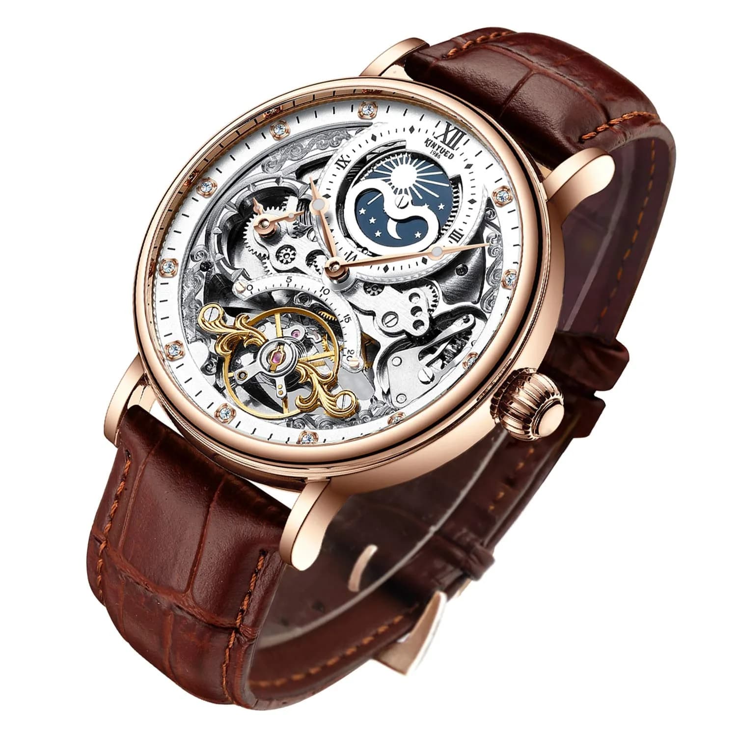 IK COLOURING Men's Luxury Skeleton Automatic Mechanical Leather Watch | 44mm Case, 210mm Band - main product image