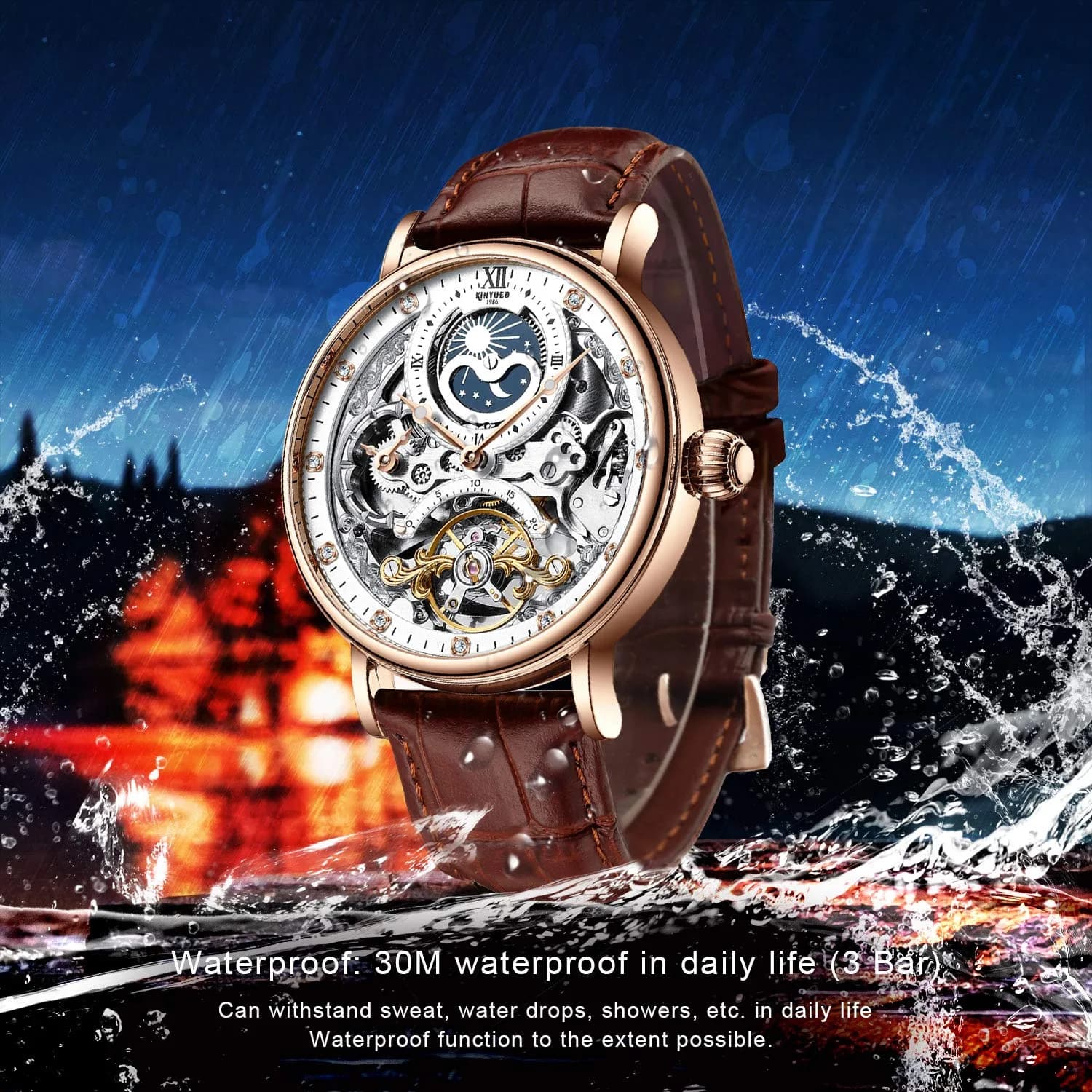IK COLOURING Men's Luxury Skeleton Automatic Mechanical Leather Watch | 44mm Case, 210mm Band - view 5