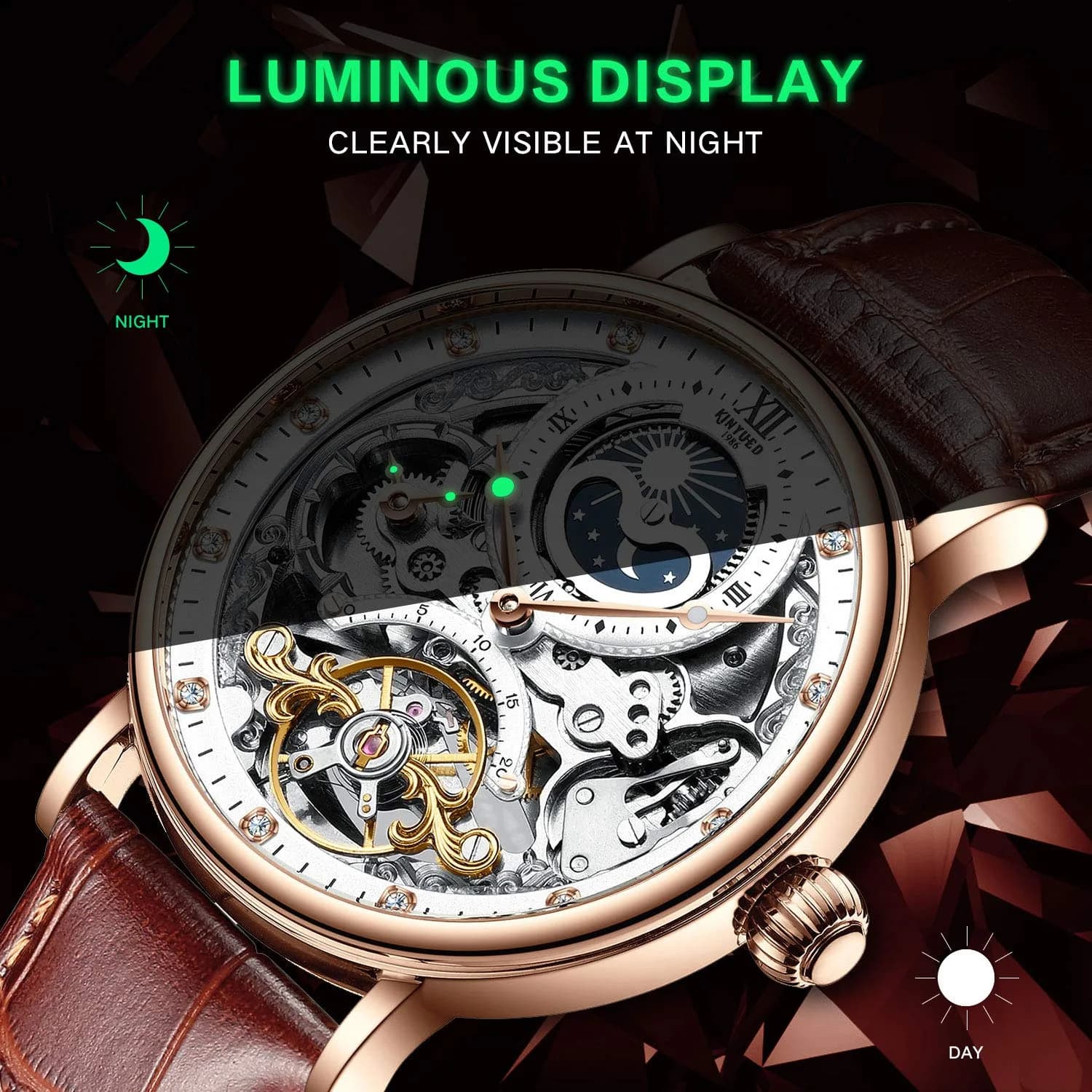 IK COLOURING Men's Luxury Skeleton Automatic Mechanical Leather Watch | 44mm Case, 210mm Band - view 6