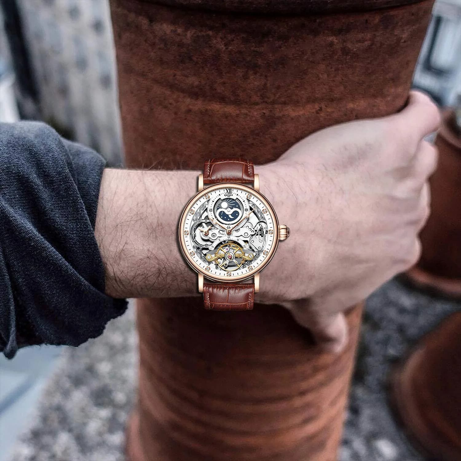IK COLOURING Men's Luxury Skeleton Automatic Mechanical Leather Watch | 44mm Case, 210mm Band - view 2
