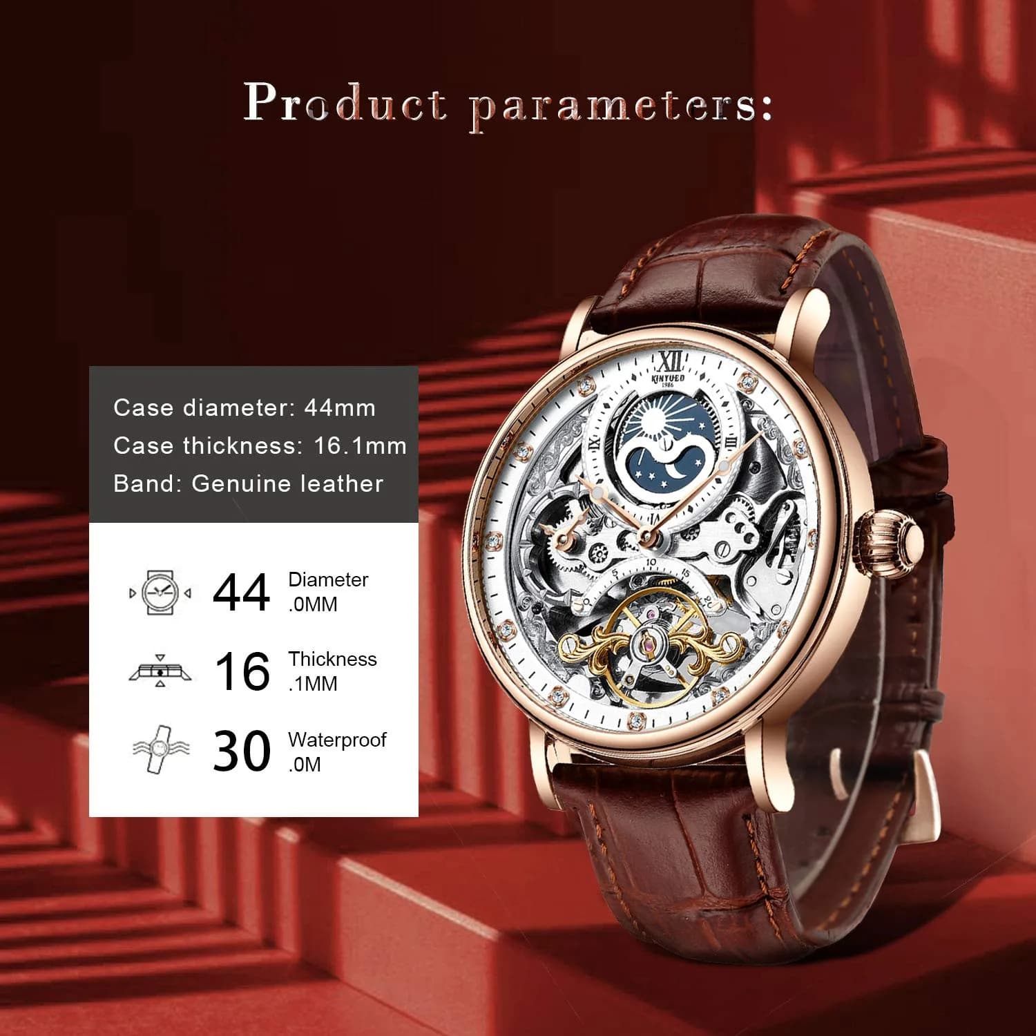 IK COLOURING Men's Luxury Skeleton Automatic Mechanical Leather Watch | 44mm Case, 210mm Band - view 3