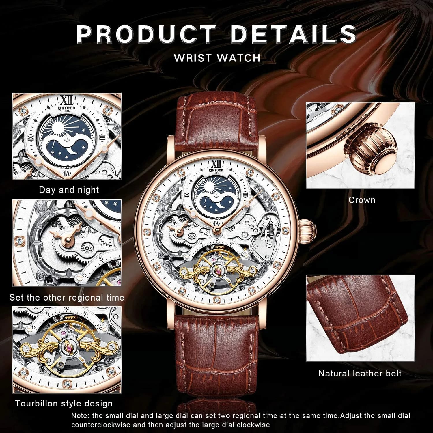 IK COLOURING Men's Luxury Skeleton Automatic Mechanical Leather Watch | 44mm Case, 210mm Band - view 4