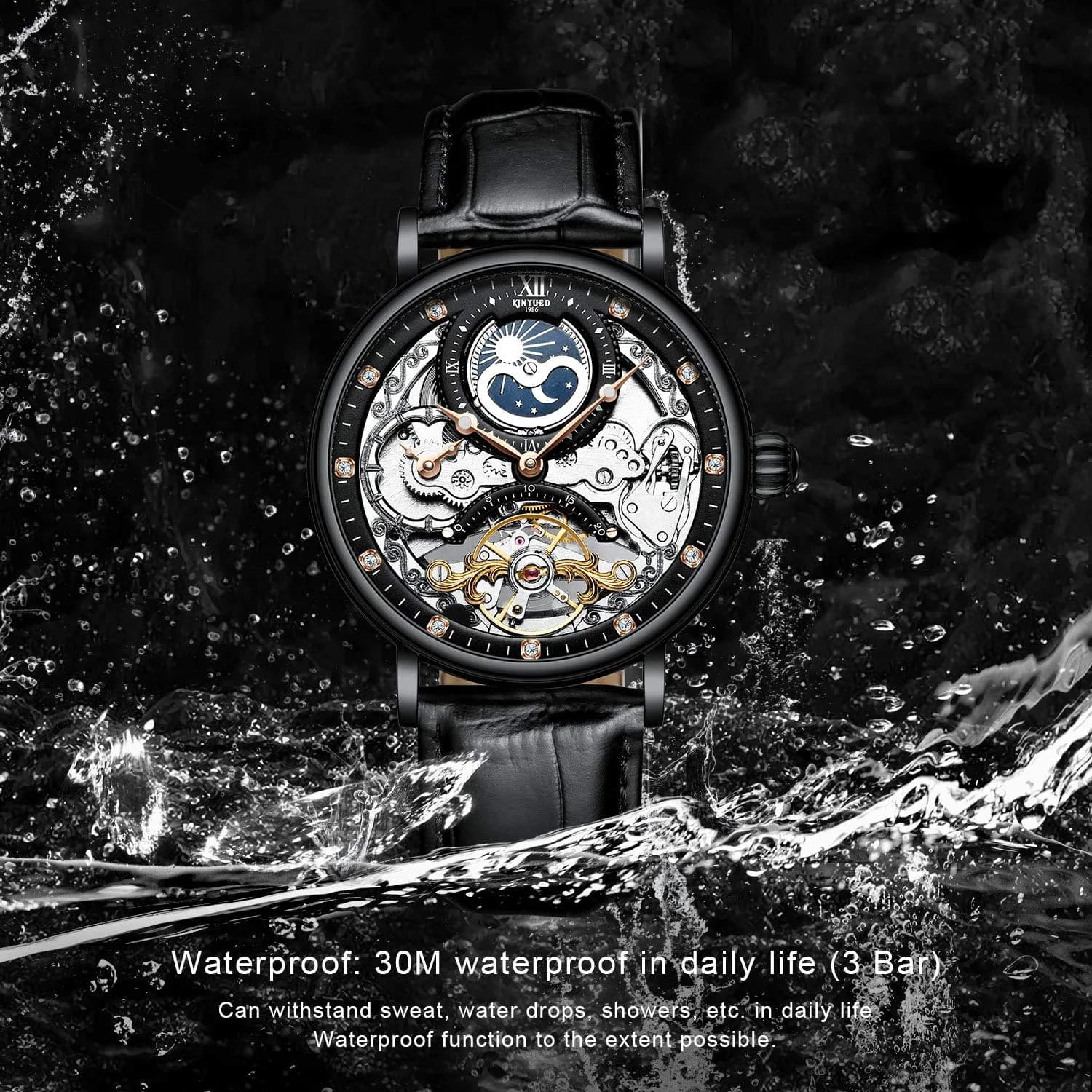 IK COLOURING Men's Luxury Skeleton Automatic Mechanical Wrist Watch 44mm (Black) | Self-Winding Movement - view 5