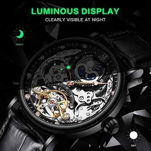 IK COLOURING Men's Luxury Skeleton Automatic Mechanical Wrist Watch 44mm (Black) | Self-Winding Movement thumbnail 6