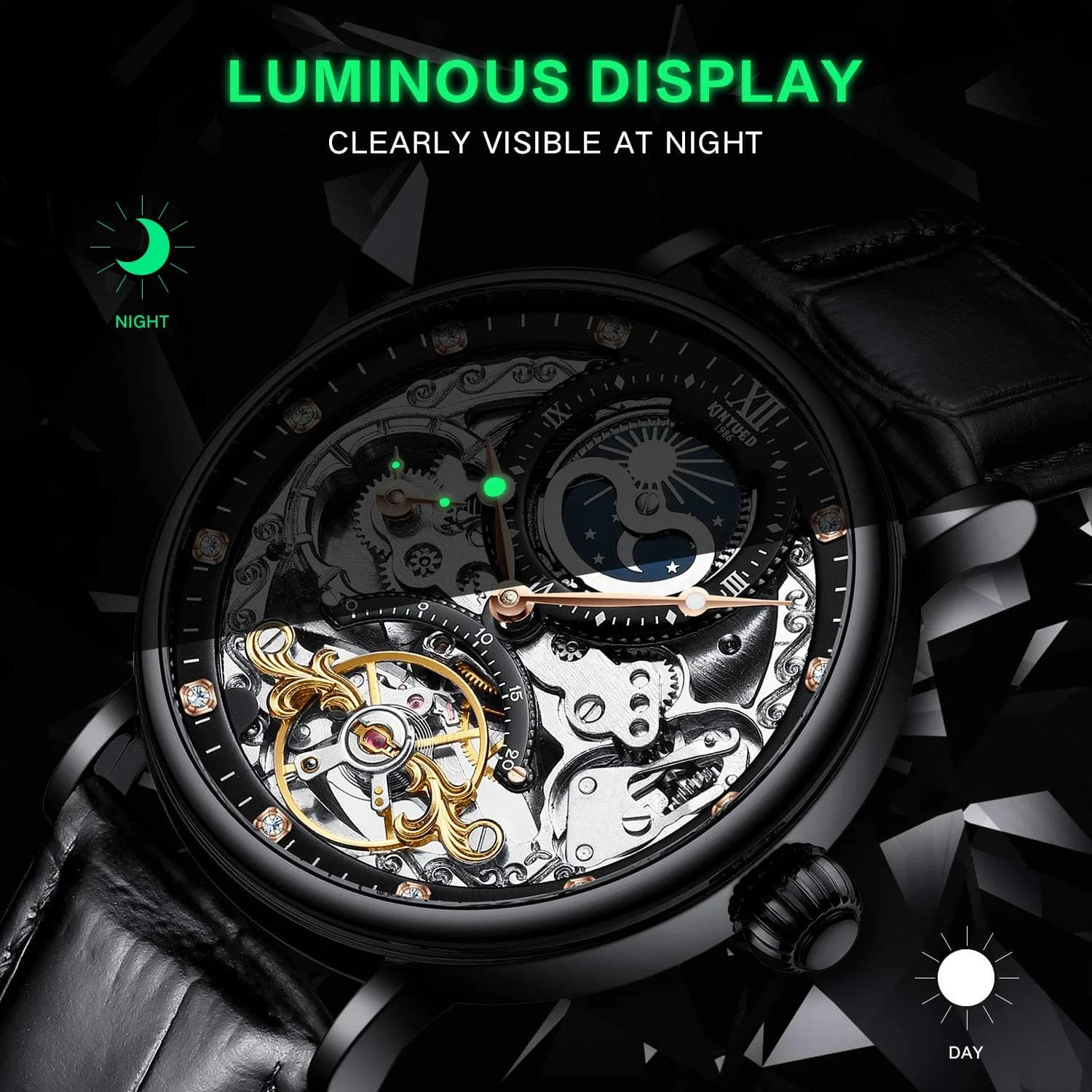 IK COLOURING Men's Luxury Skeleton Automatic Mechanical Wrist Watch 44mm (Black) | Self-Winding Movement - view 6