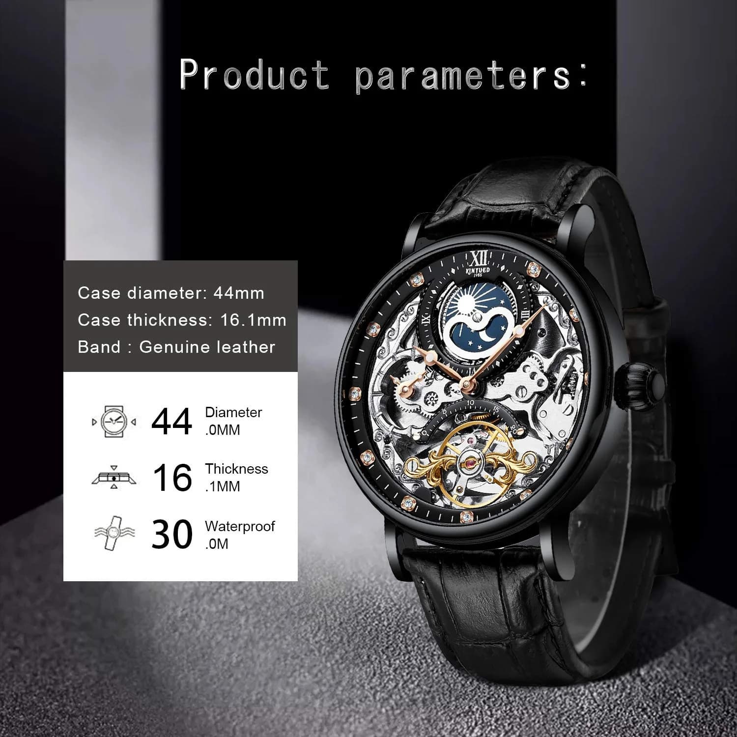 IK COLOURING Men's Luxury Skeleton Automatic Mechanical Wrist Watch - Black Dial - view 3
