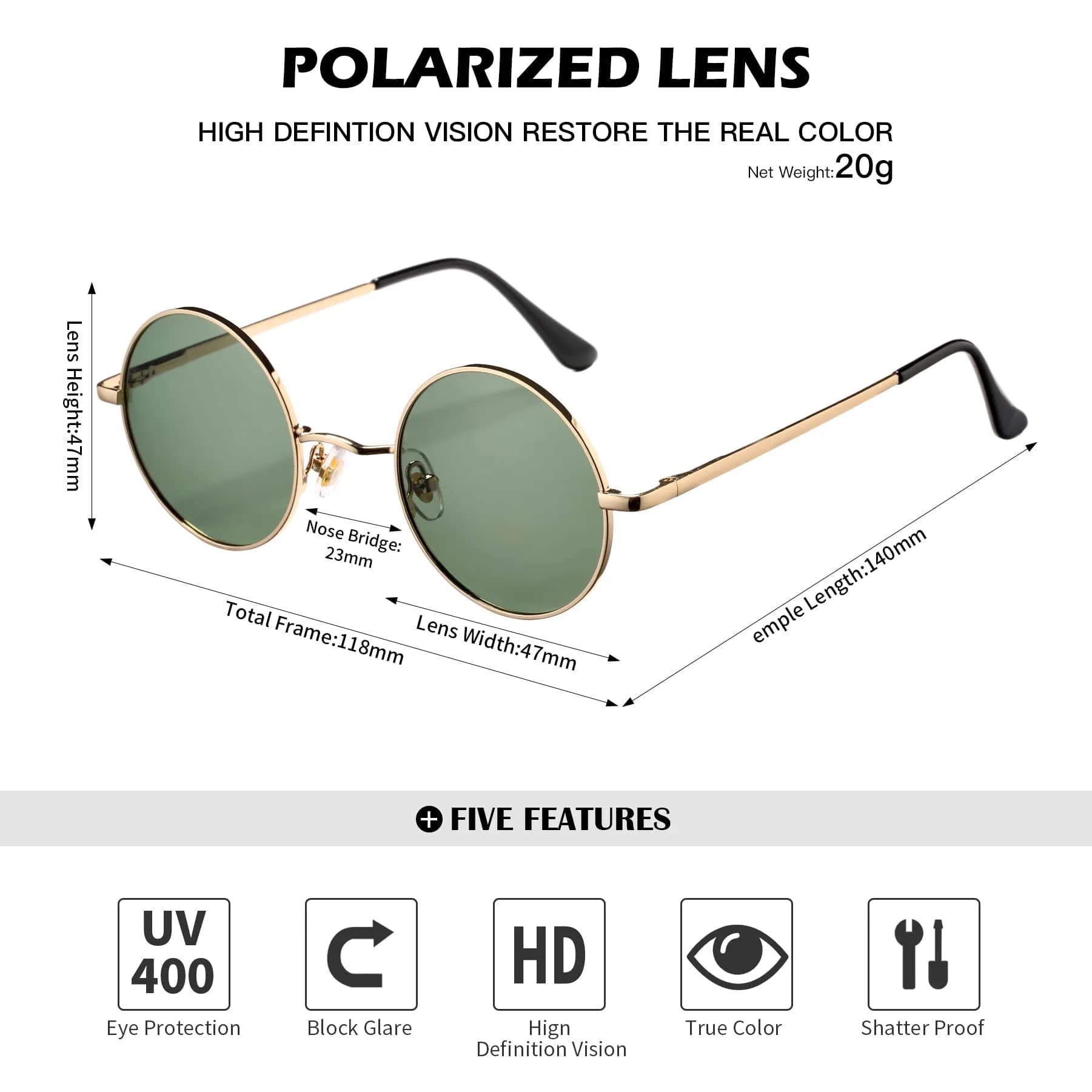 Pro Acme Small Round Polarized Sunglasses for Men Women Circle Retro Shades Metal Hippie Sunglasses UV400 (Gold Frame/G15 Green Lens) | Polarized UV400 Protection - view 4