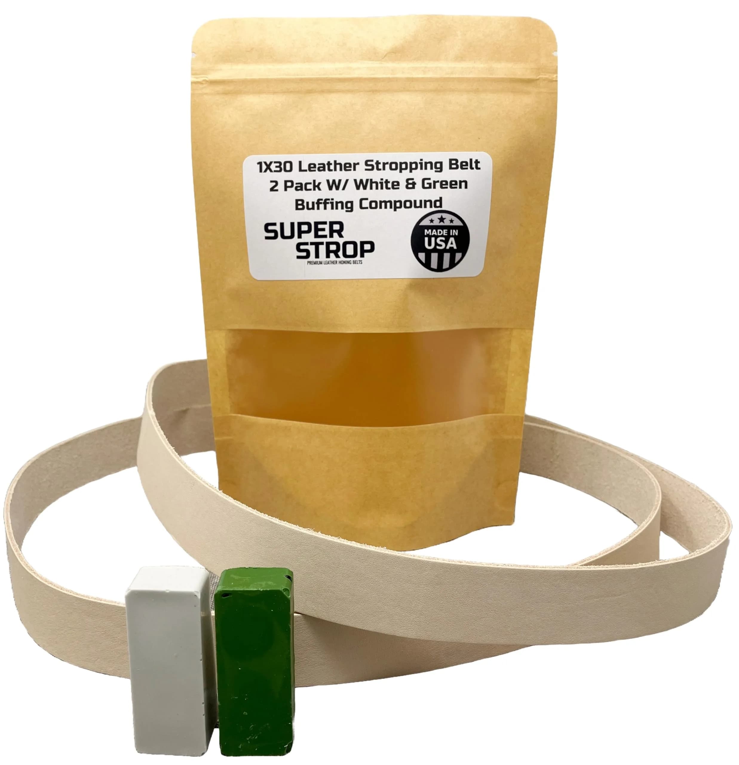 Super Strop 1x30 Leather Honing Belts 2 Pack with White & Green Compounds | 180 Grit Ultra Fine - main product image