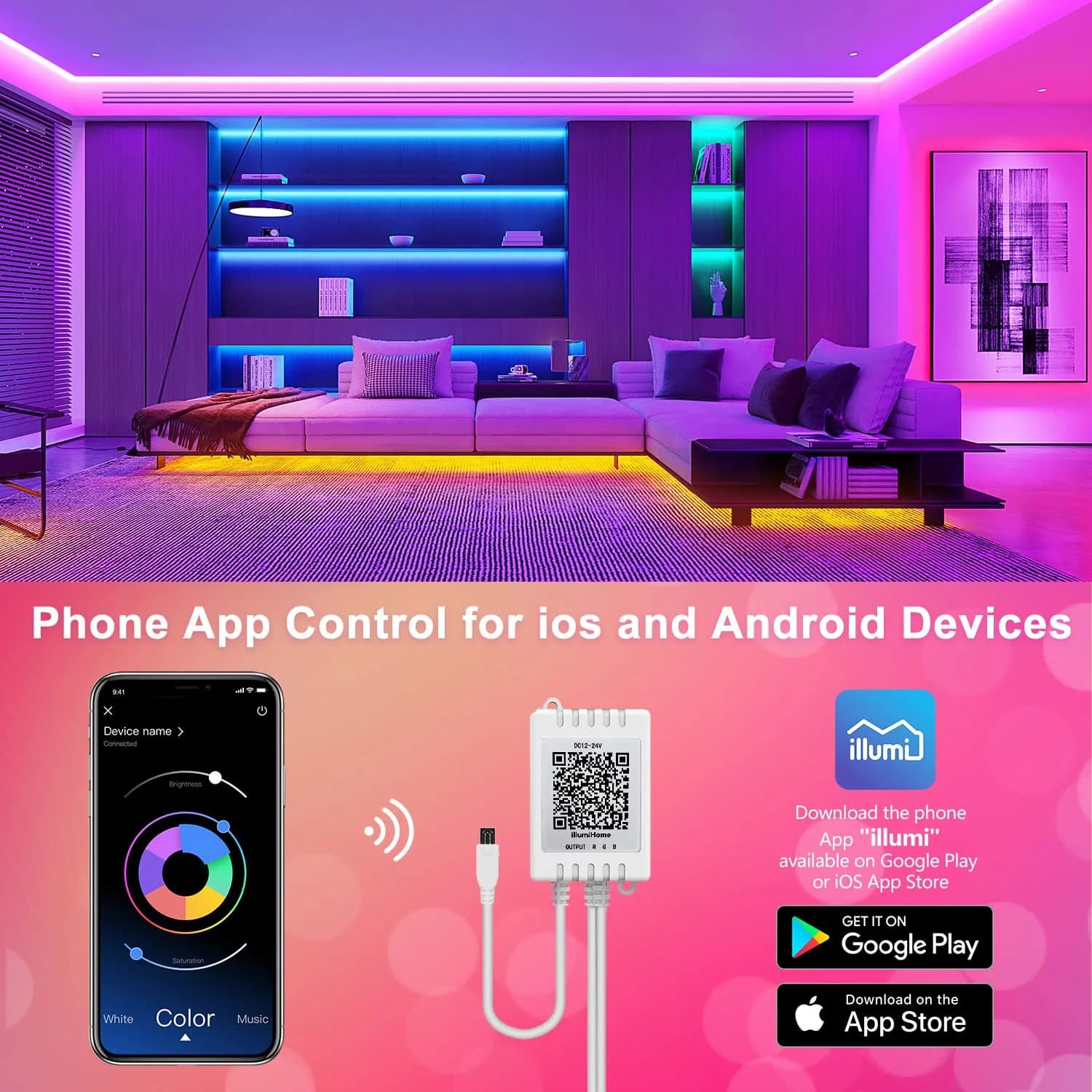 Nexillumi 50ft LED Strip Lights: Music Sync Smart RGB Color Changing Lights with App & Remote - view 2