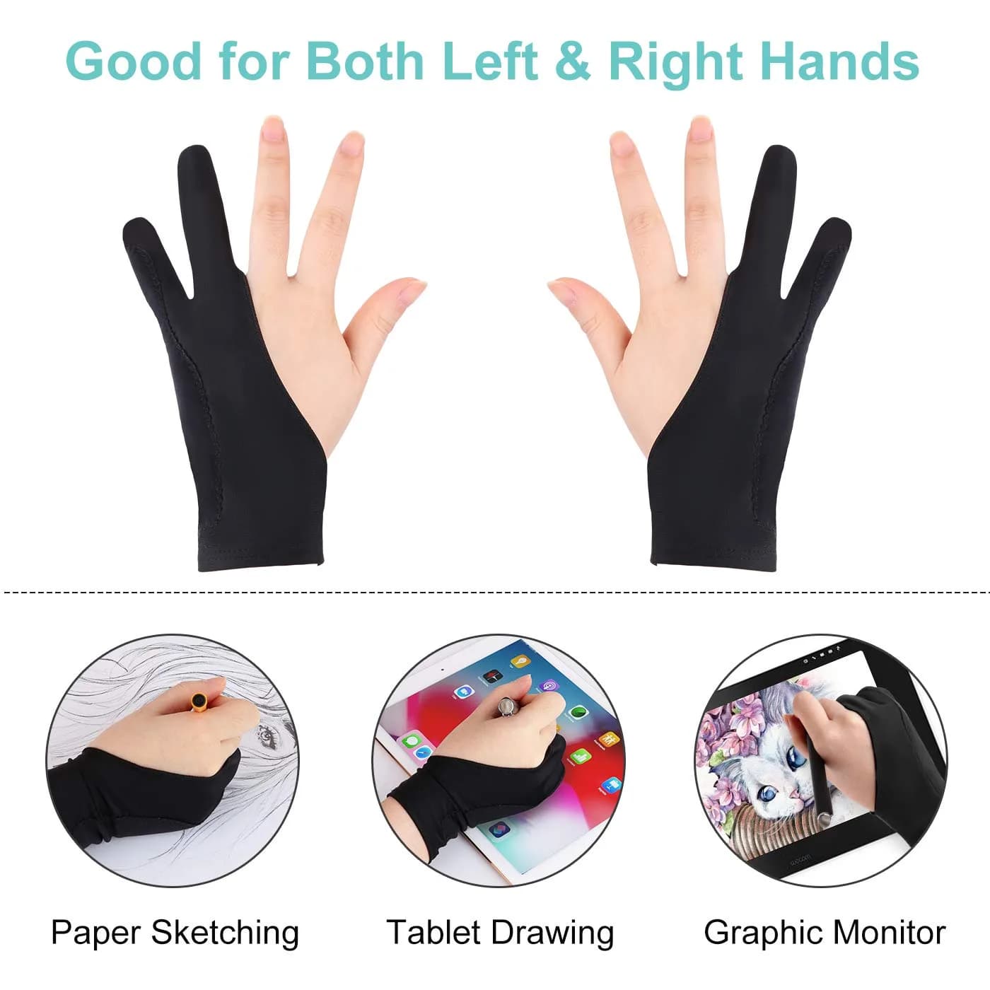 Mixoo Artists Gloves 2 Pack - Palm Rejection Gloves with Two Fingers for Paper Sketching, iPad, Graphics Drawing Tablet, Suitable for Left and Right Hand (Large) thumbnail 5